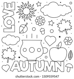 Love Autumn. Coloring page. Black and white vector illustration