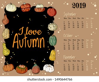 I love autumn cute cozy hygge 2019 fall monthly calendar with pumpkins ornament