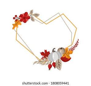 love autumn geometric vector frame wreath with form of heart and place for text. With leaves, pumpkin and berries for Happy Thanksgiving Day. Template illustration for print, greeting card