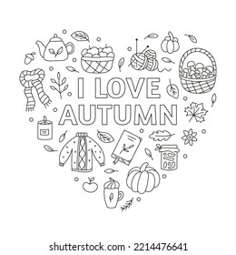I love autumn. Heart fall emblem. Ideal for coloring books, stamps, invitations and others. Doodle style. Outline vector.