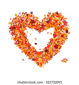 I love autumn. Heart shape from falling leaves. Vector illustration