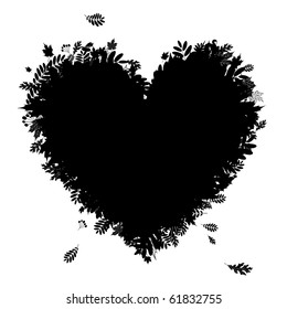 I love autumn! Heart shape from falling leaves, black silhouette