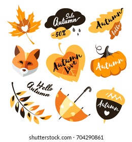 love autumn label sticker collection set traditional objects leaf heart clouds pumpkin fox umbrella 