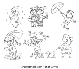 I love autumn. Walk on outdoors. Children under the umbrella. Girl in a raincoat raindrop catches. Funny cartoon character. Vector illustration. Coloring book