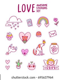 Love awesome sticker set, vector doodle illustrations isolated on white