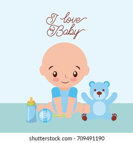 i love baby cute boy teddy rattler and bottle milk blue design