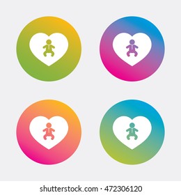 Love Baby infant sign icon. Toddler boy in pajamas or crawlers body symbol. Child WC toilet. Gradient flat buttons with icon. Modern design. Vector