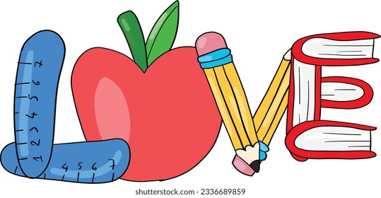 Love Back To School Lettering With Ruler, apple, pencil and book illustration