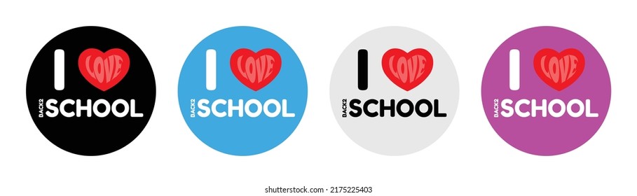 Me encanta regresar a la escuela Texto con corazones rojos aislados en fondo negro, ilustración vectorial con 4 variaciones de color.