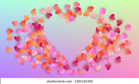 Love Background. Banner Template. Many Random Falling Purple Hearts on Hologram Backdrop. Heart Confetti Pattern. Vector Love Background.