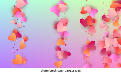 Love Background. Banner Template. Many Random Falling Purple Hearts on Hologram Backdrop. Heart Confetti Pattern. Vector Love Background.