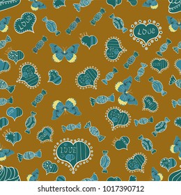 Love background. Background of big and small hearts with swirls in brown, green and blue colors. Seamless Love pattern. Vector illustration.