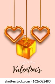 Love background brochure. Gift poster card. Sale banner template for Valentines day. Banner with hearts and gifts.