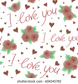 Love background in brown and orange colors with doodle elements. Vector seamless pattern with hearts and love elements on a white backdrop.