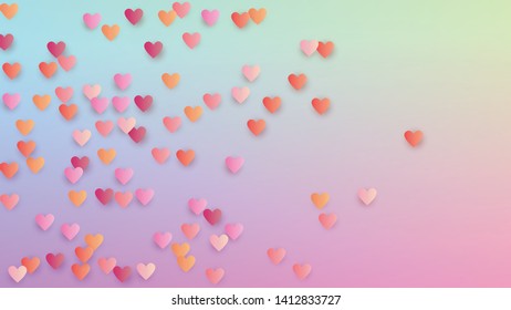 Love Background. Card Template. Many Random Falling Purple Hearts on Hologram Backdrop. Heart Confetti Pattern. Vector Love Background.