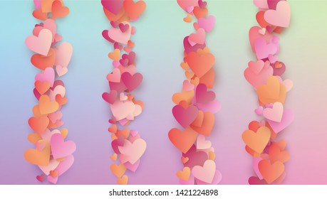 Love Background. Card Template. Many Random Falling Beautifull Hearts on Hologram Backdrop. Heart Confetti Pattern. Vector Love Background.