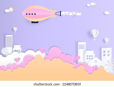 Love background concept. Airship and hot air balloons fly in the sky with a cloud, heart, and town. Paper art style.
