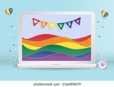 Love background concept, design with colorful wave and rainbow flag in computer. Paper art style.