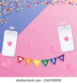 Love background concept, design with mobile phone, colorful flag, pink heart, and copy space. Paper art style.
