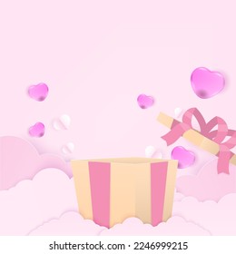 Love background concept. Gift box on a cloud with a heart balloon, and space for copy text. 