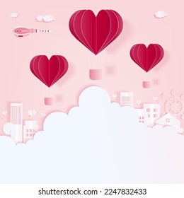 Love background concept. Heart balloon flying in the sky with a cloud and town. Paper art style.