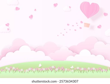 Love background concept. Heart balloon flying in the sky with a cloud, flower, and, meadow on a soft pink background. Paper art style.