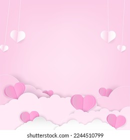 Love background concept. Many heart paper on a cloud with pink background and space for copy text. Paper art style.