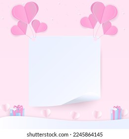 Love background concept. Note paper with heart, snow, gift box, and space for copy text. Paper art style. 