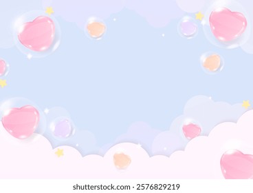 Love background concept. Pastel heart balloon in a bubble flying in the sky with a cloud on a light purple background.