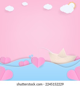 Love background concept. Pink heart and a boat floating in the sea. Paper art style.