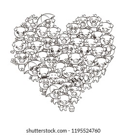 Love background with cute baby piglets. Pastel cartoon image kawaii pigs. Vector by freehand draw doodle comic emoji art. Illustration for coloring books, prints, designs, cards.