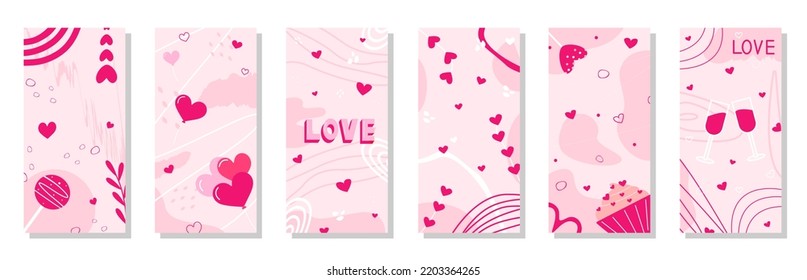 Love background. Cute social media story. Spring holiday greeting card collection, vertical cover or poster, romantic gift. Abstract pink backdrop, valentine day texture. Vector template set