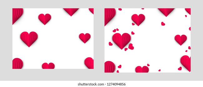 Love background decorated with paper origami hearts in red color.