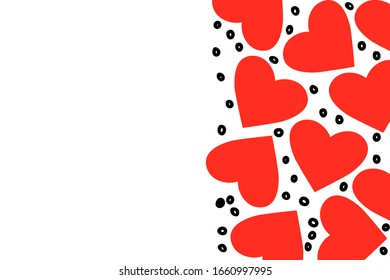 Love background with drawn red hearts. Red color template to place text for quote, love, marriage and wedding topic. Horizontal banner. Flat lay of top view in cartoon style. Vector heart illustration