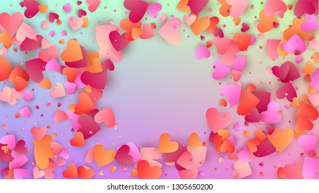 Love Background. Flyer Template. Heart Confetti Pattern. Many Random Falling Red Hearts on Hologram Backdrop. Vector Love Background.