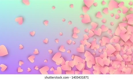 Love Background. Flyer Template. Heart Confetti Pattern. Many Random Falling Pink Hearts on Hologram Backdrop. Vector Love Background.
