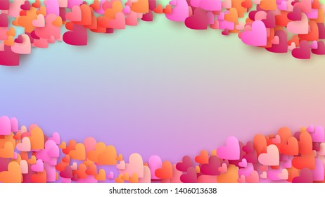 Love Background. Flyer Template. Heart Confetti Pattern. Many Random Falling Pink Hearts on Hologram Backdrop. Vector Love Background.