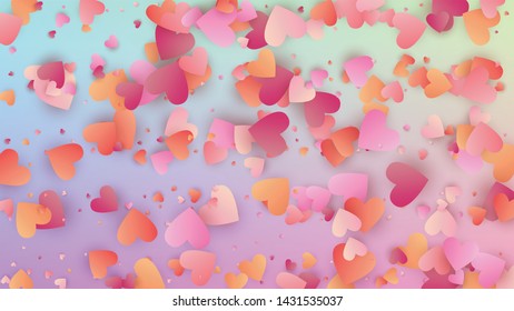 Love Background. Flyer Template. Heart Confetti Pattern. Many Random Falling Pink Hearts on Hologram Backdrop. Vector Love Background.