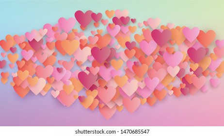 Love Background. Flyer Template. Heart Confetti Pattern. Many Random Falling Pink Hearts on Hologram Backdrop. Vector Love Background.