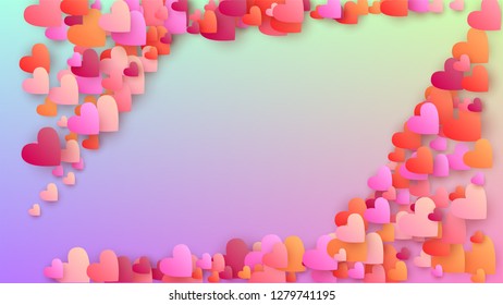 Love Background. Flyer Template. Many Random Falling Purple Hearts on Hologram Backdrop. Heart Confetti Pattern. Vector Love Background.