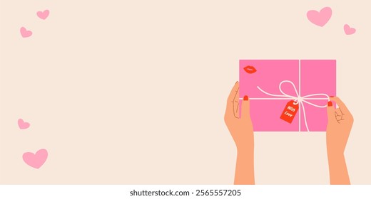 Love background with gift in hands and copy space for text. Vector illustration for Valentine's Day, romantic cards or designs