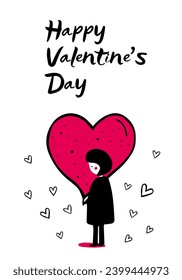 Love background with girl and heart. Greeting card. Valentine's day concept poster in flat doodle style. 