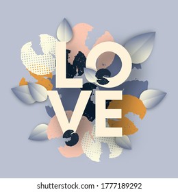 Love background with hand-drawn flowers and leaves. Cut out paper art 