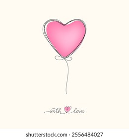 With Love background. Happy Valentines Day card. Heart shape Balloon one line continuous Drawing. Invitation Flyer Poster Banner in minimal line art modern style