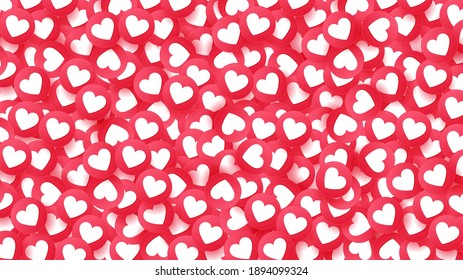 Love background. Heaps of red heart emojis. Concept of love. Composition backdrop for Valentine's day, Banner, Background. Like icons. Symbols of emoticon reaction on social media.Vector illustration.