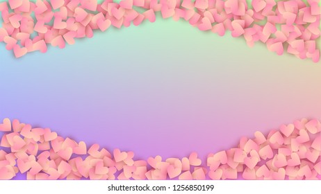 Love Background. Heart Confetti Pattern. Many Random Falling Purple Hearts on Hologram Backdrop. Banner Template. Vector Love Background.