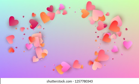 Love Background. Heart Confetti Pattern. Many Random Falling Pink Hearts on Hologram Backdrop. Flyer Template. Vector Love Background.