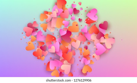 Love Background. Heart Confetti Pattern. Many Random Falling Purple Hearts on Hologram Backdrop. Card Template. Vector Love Background.