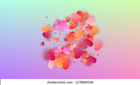 Love Background. Heart Confetti Pattern. Card Template. Many Random Falling Purple Hearts on Hologram Backdrop. Vector Love Background.