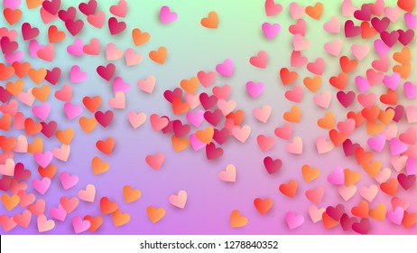 Love Background. Heart Confetti Pattern. Poster Template. Many Random Falling Purple Hearts on Hologram Backdrop. Vector Love Background.
